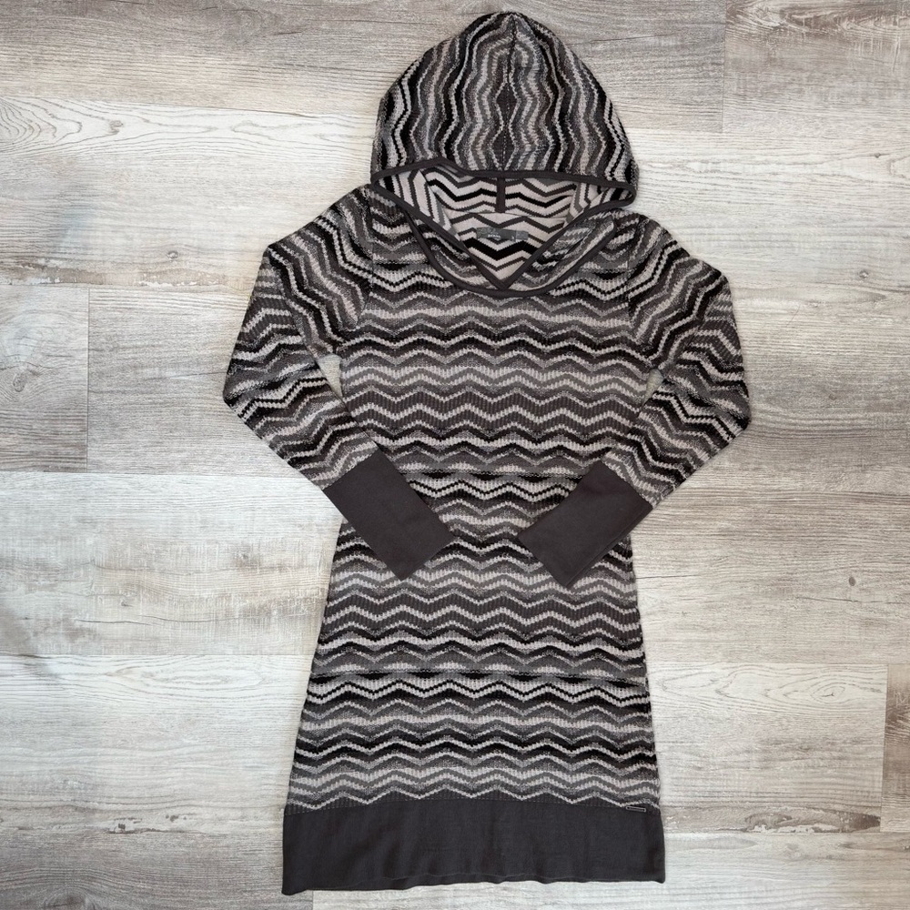 Prana Meryl Hooded Long Sleeve Chevron Sweater Dress Women’s size M Black Gray